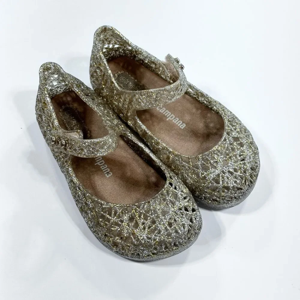 Mini Melissa gold glitter campana woven Mary Jane jelly shoe 7